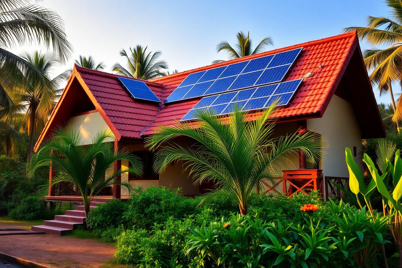 Solar panels on a Kerala tiled roof home surrounded by coconut palms